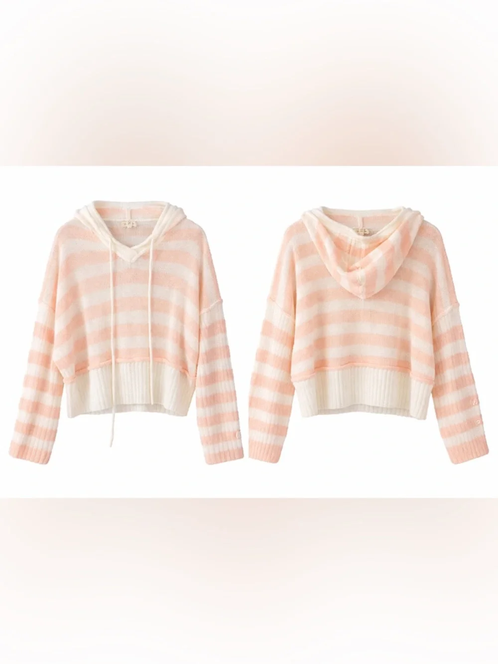 POL Striped Knit Hoodie Oversized Peach Cream Button Sleeve Sweater Size S - Picture 2 of 2